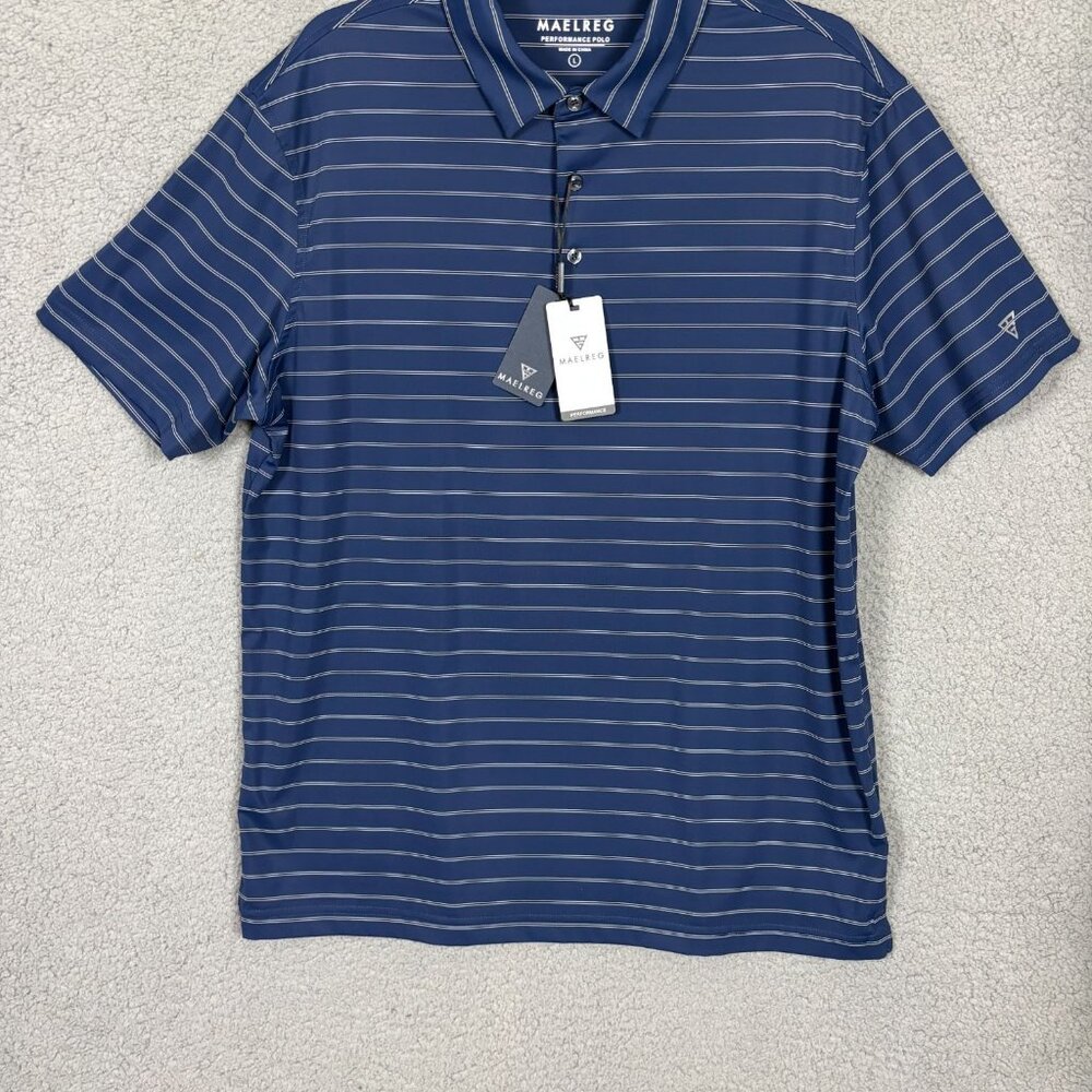 Maelreg Mens Performance Polo Shirt Blue Striped Short Sleeve Large NWT's